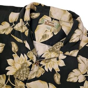 Vtg‎ Tommy Bahama Hawaiian Shirt Mens Large Black Tan Floral Silk Pocket Aloha